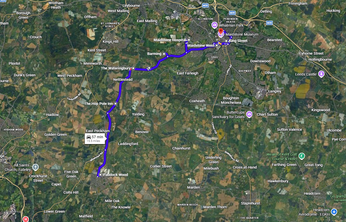 Satellite map of the main Phoenix route: from Paddock Wood north past East Peckham to the Hop Pole Inn, through Nettlestead to The Wateringbury, then east through Barming, past Maidstone Hospital and Maidstone West to King Street in Maidstone. About 15.5 miles, 57 minutes by car.
