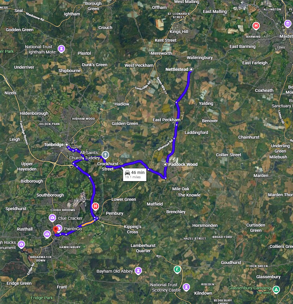 Satellite map of a possible route from Nettlestead south past East Peckham to Paddock Wood, west through Five Oak Green and Tudeley to Tonbridge, then south past Pembury to Tunbridge Wells. About 19.1 miles, 46 minutes by car.